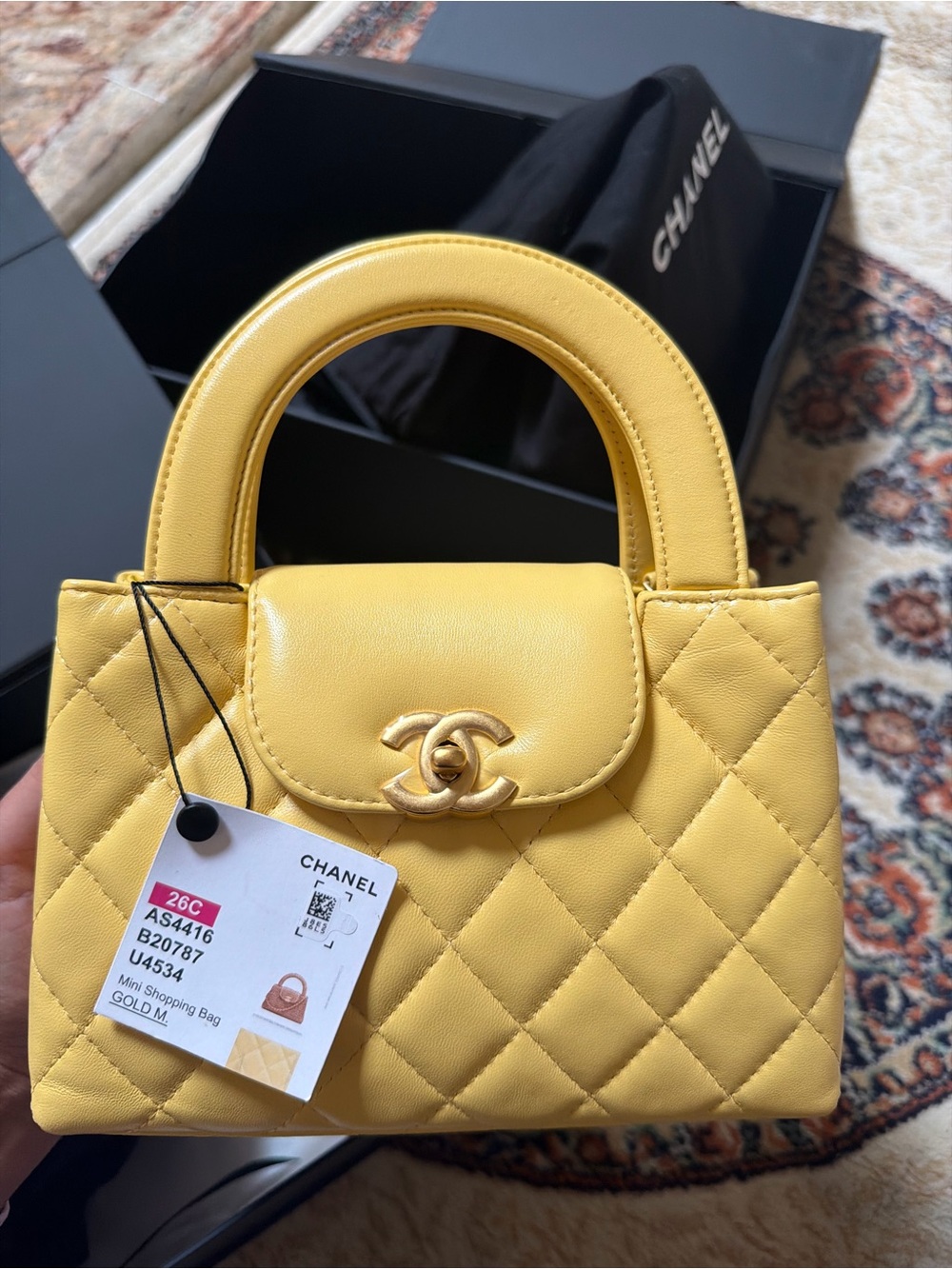CHANEL Quilted Yellow Mini Top-Handle Bag with Gold CC